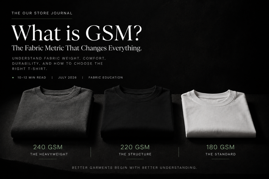 Editorial comparison of 180 GSM, 220 GSM and 240 GSM cotton T-shirts illustrating fabric weight differences.