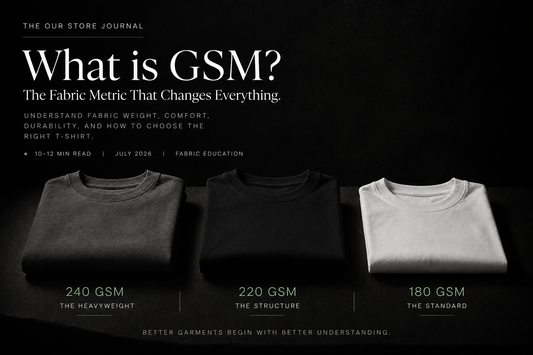 Editorial comparison of 180 GSM, 220 GSM and 240 GSM cotton T-shirts illustrating fabric weight differences.