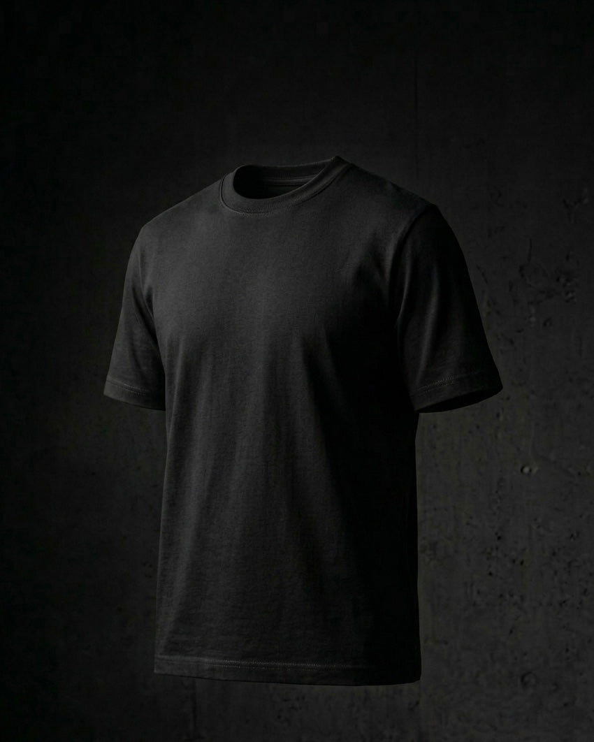 Image 1: 180 GSM matte black regular fit unisex tee, bio-washed engineered cotton — THE OUR STORE