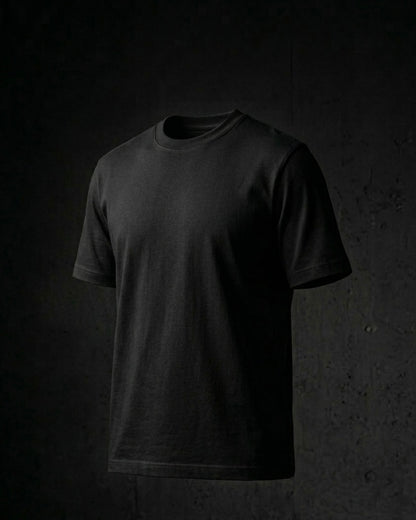 Image 1: 180 GSM matte black regular fit unisex tee, bio-washed engineered cotton — THE OUR STORE