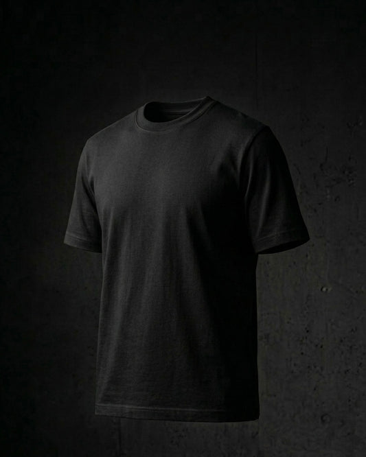 Image 1: 180 GSM matte black regular fit unisex tee, bio-washed engineered cotton — THE OUR STORE