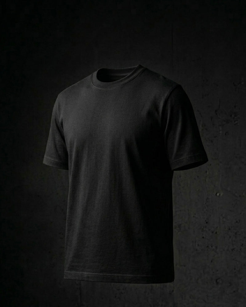 Image 1: 180 GSM matte black regular fit unisex tee, bio-washed engineered cotton — THE OUR STORE