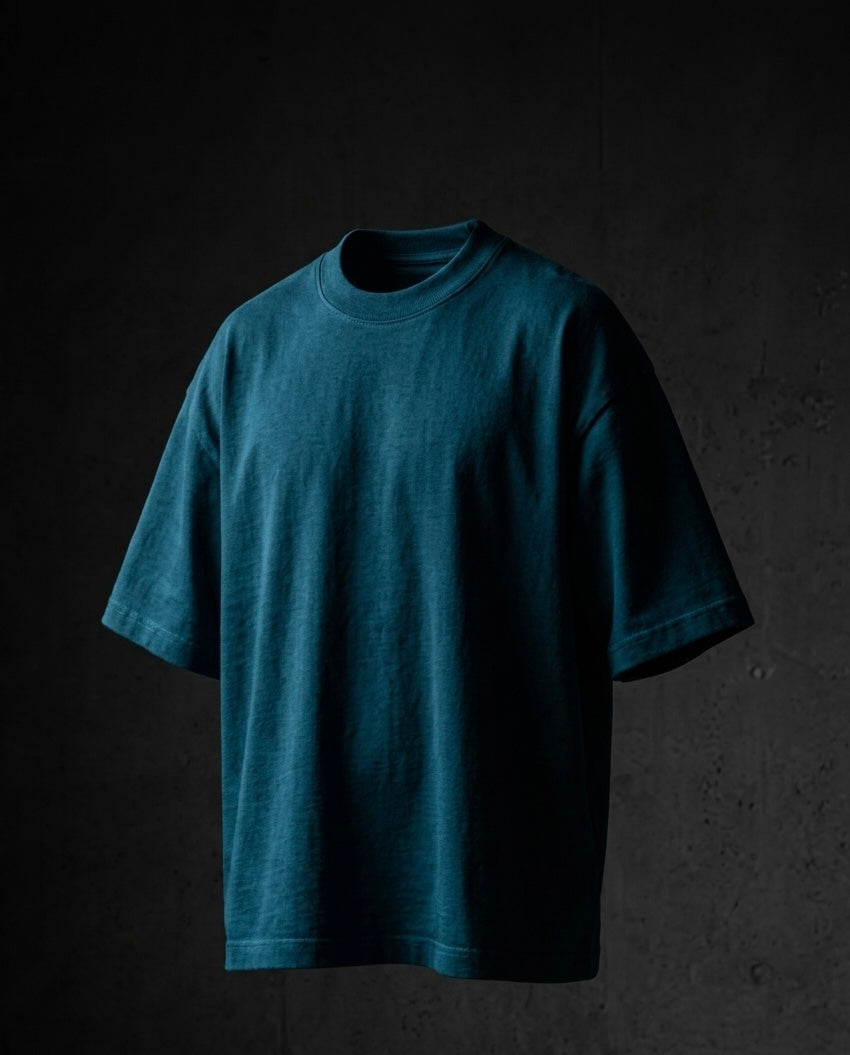 Image 1: 240 GSM teal blue heavyweight oversized drop-shoulder unisex t-shirt, bio-washed — THE OUR STORE