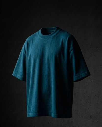 Image 1: 240 GSM teal blue heavyweight oversized drop-shoulder unisex t-shirt, bio-washed — THE OUR STORE
