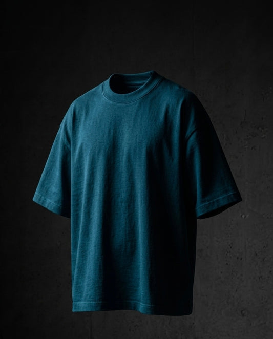 Image 1: 240 GSM teal blue heavyweight oversized drop-shoulder unisex t-shirt, bio-washed — THE OUR STORE