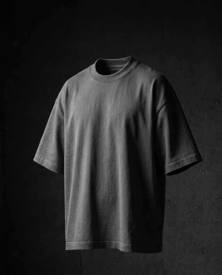 Image 1: 240 GSM slate grey heavyweight oversized drop-shoulder unisex t-shirt, bio-washed — THE OUR STORE