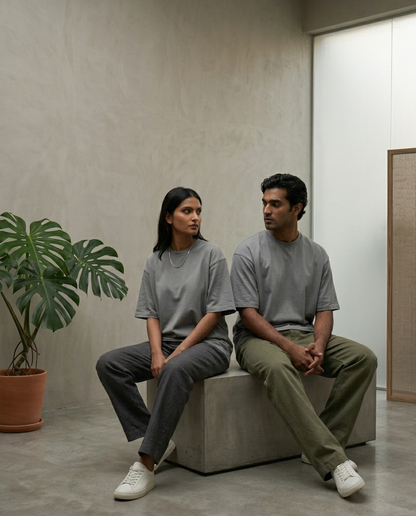 Image 3: 240 GSM slate grey heavyweight t-shirt on model — THE OUR STORE Vol. 01