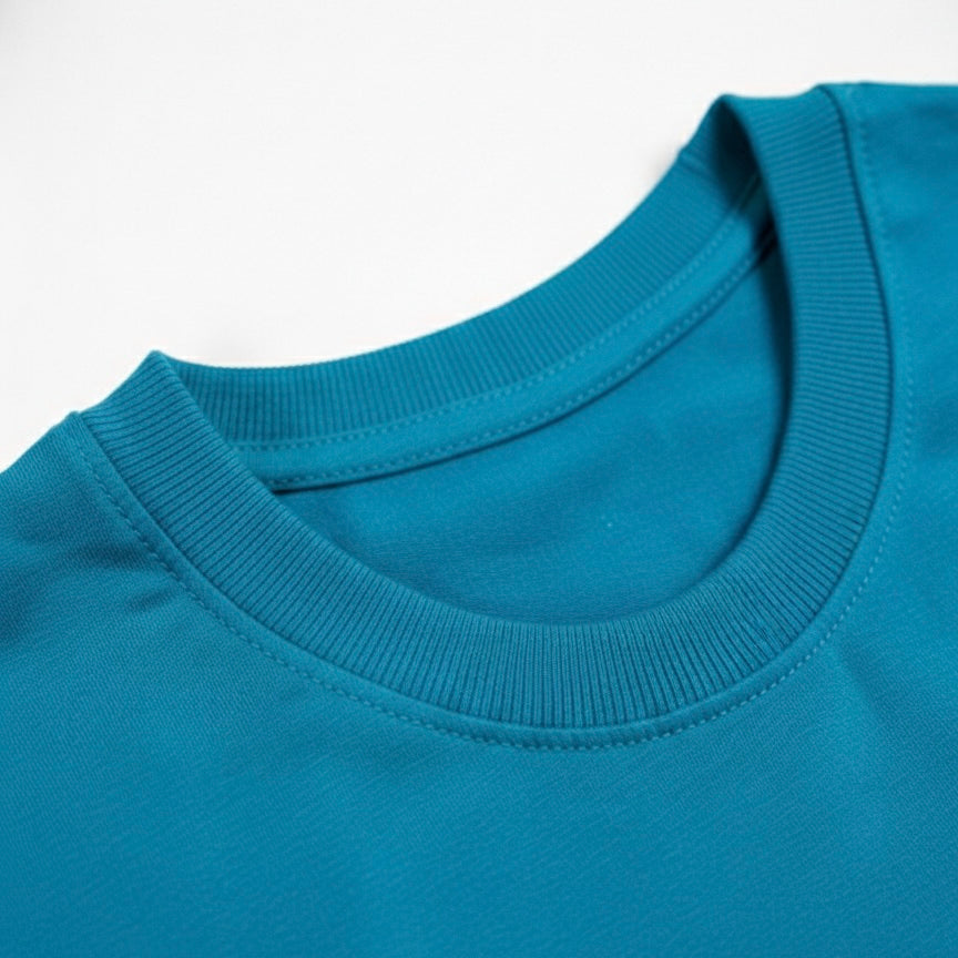 Image 2: High-density ribbed crewneck on 240 GSM teal blue heavyweight t-shirt — THE OUR STORE
