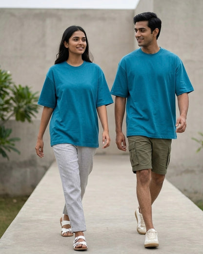 Image 3: 240 GSM teal blue heavyweight t-shirt on model — THE OUR STORE Vol. 01