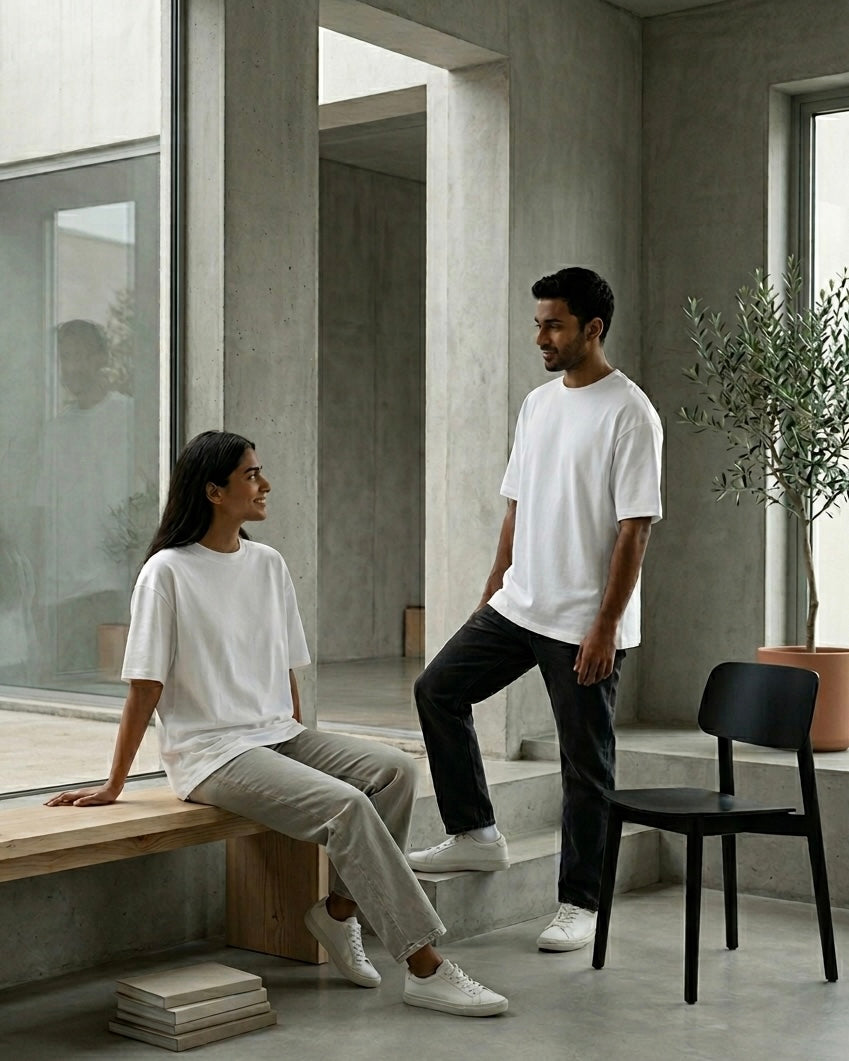 Image 3: 220 GSM polar white oversized t-shirt on model — THE OUR STORE Vol. 01